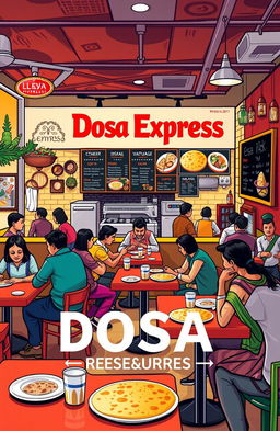 A comprehensive business plan for a Dosa Express restaurant, showcasing an artistic interpretation of a vibrant, bustling Indian eatery specializing in a variety of dosas