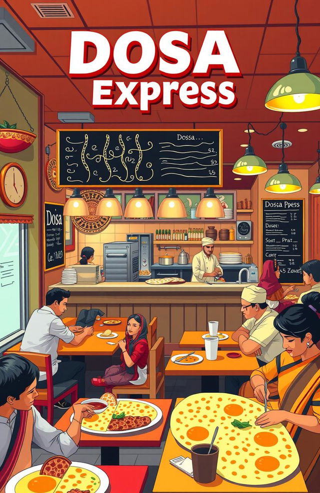 A comprehensive business plan for a Dosa Express restaurant, showcasing an artistic interpretation of a vibrant, bustling Indian eatery specializing in a variety of dosas