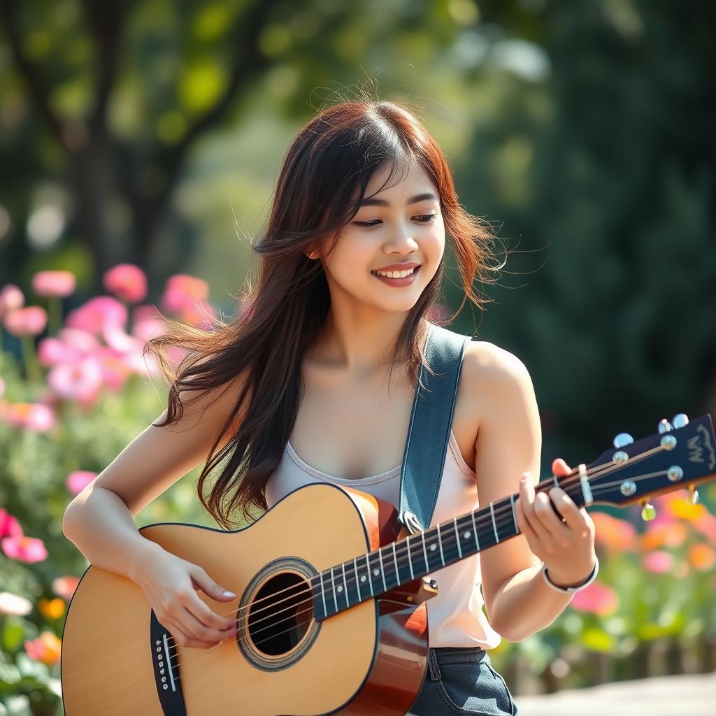 A beautiful Asian teenage girl with dimples, wearing a stylish tank top, passionately playing an acoustic guitar and singing