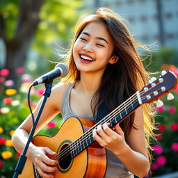 A beautiful Asian teenage girl with dimples, wearing a stylish tank top, passionately playing an acoustic guitar and singing