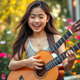 A beautiful Asian teenage girl with dimples, wearing a stylish tank top, passionately playing an acoustic guitar and singing