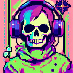 Pixel art profile picture featuring a detailed skull rendered in shades of electric blue against a neon green, starry background