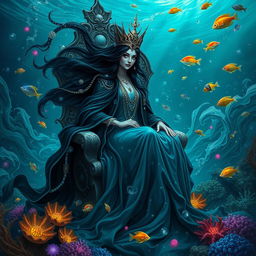 The Queen of the Abyss, an enchanting and powerful figure, draped in flowing, deep blue and black robes that glisten like deep ocean waters