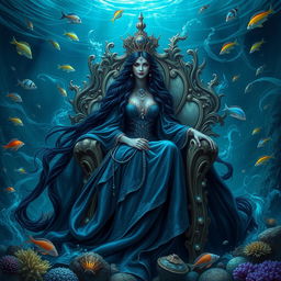 The Queen of the Abyss, an enchanting and powerful figure, draped in flowing, deep blue and black robes that glisten like deep ocean waters