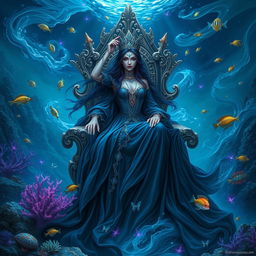 The Queen of the Abyss, an enchanting and powerful figure, draped in flowing, deep blue and black robes that glisten like deep ocean waters