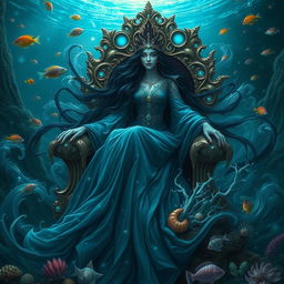 The Queen of the Abyss, an enchanting and powerful figure, draped in flowing, deep blue and black robes that glisten like deep ocean waters
