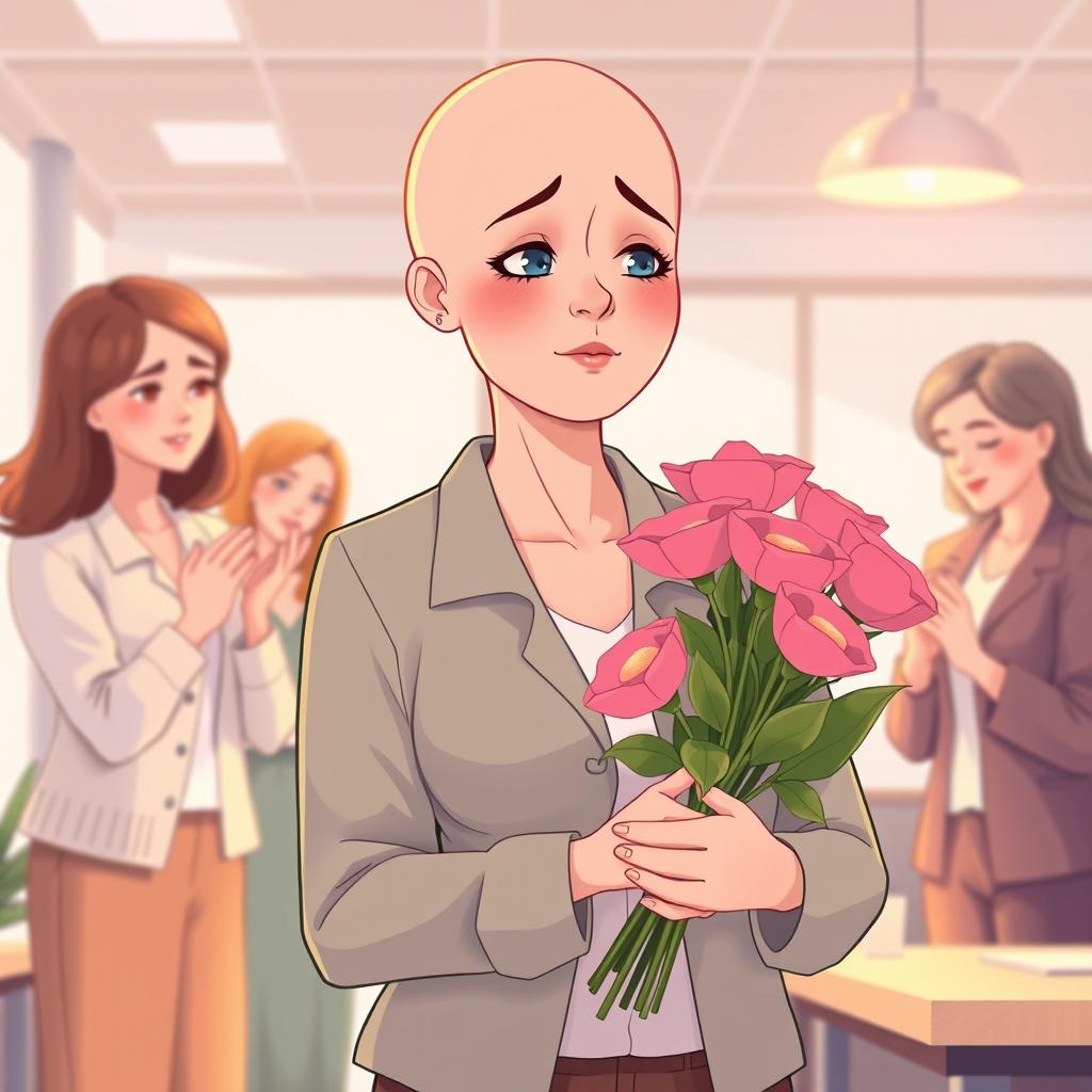 A poignant illustration of a recently diagnosed breast cancer employee, depicted as a bald woman with a tearful expression, receiving support from her colleagues