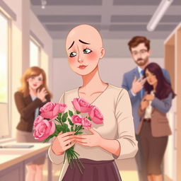 A poignant illustration of a recently diagnosed breast cancer employee, depicted as a bald woman with a tearful expression, receiving support from her colleagues