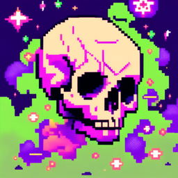 Pixel art profile picture featuring a detailed skull rendered in shades of electric blue against a neon green, starry background