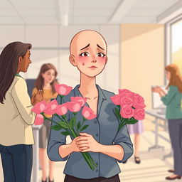 A poignant illustration of a recently diagnosed breast cancer employee, depicted as a bald woman with a tearful expression, receiving support from her colleagues