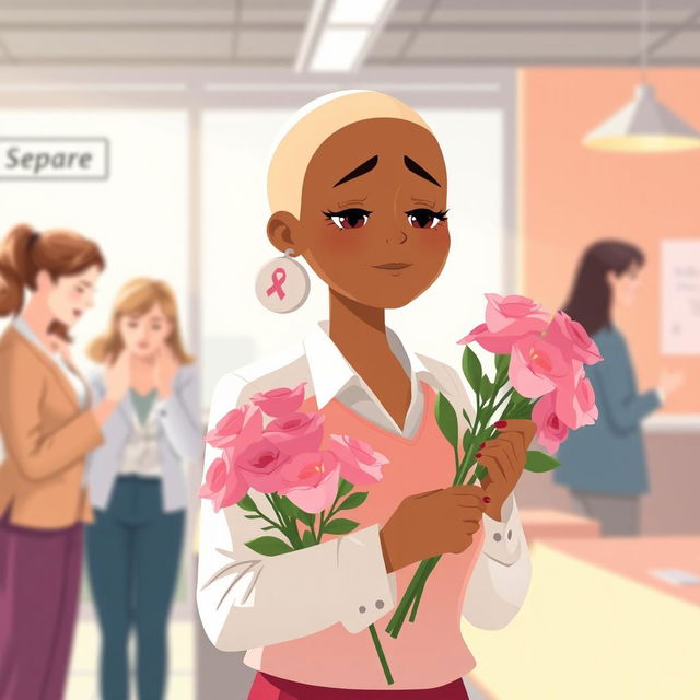 A poignant illustration of a recently diagnosed breast cancer employee, depicted as a bald woman with a tearful expression, receiving support from her colleagues