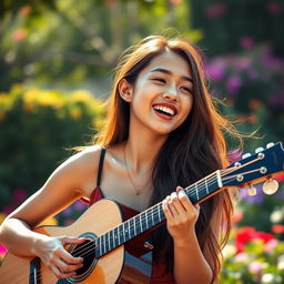 A beautiful Asian teenage woman with dimples, wearing a trendy tank top, playing an acoustic guitar passionately while singing