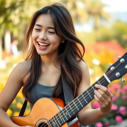 A beautiful Asian teenage woman with dimples, wearing a trendy tank top, playing an acoustic guitar passionately while singing