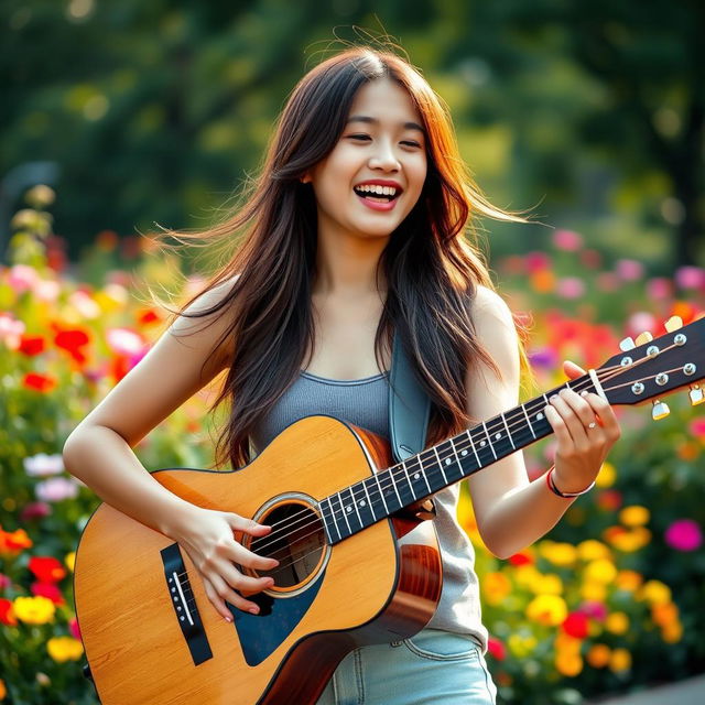 A beautiful Asian teenage woman with dimples, wearing a trendy tank top, playing an acoustic guitar passionately while singing