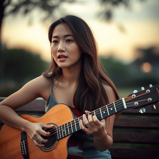 A beautiful Asian woman with dimples, wearing a casual tank top, playing an acoustic guitar while singing a sad song