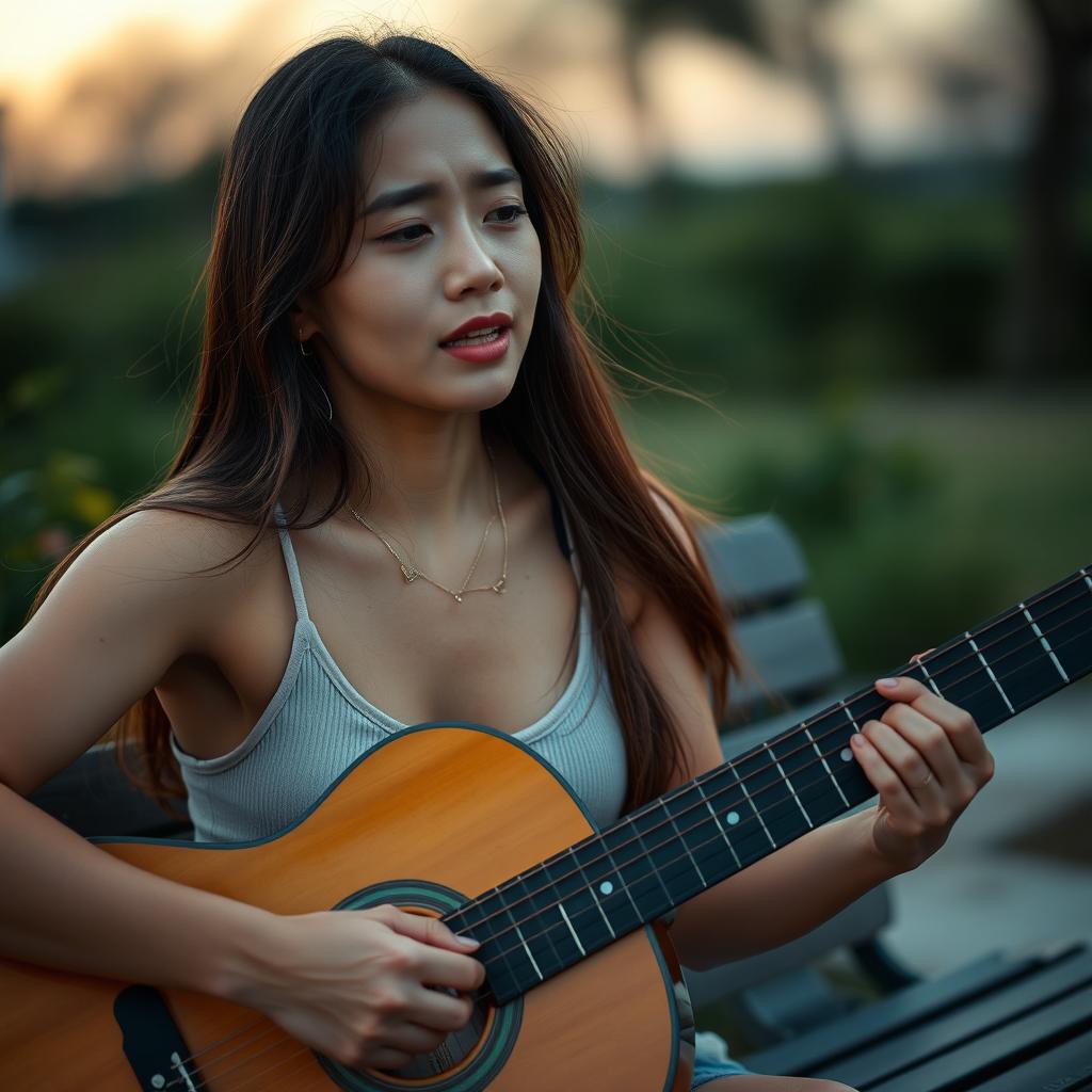 A beautiful Asian woman with dimples, wearing a casual tank top, playing an acoustic guitar while singing a sad song