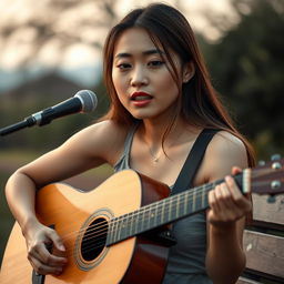 A beautiful Asian woman with dimples, wearing a casual tank top, playing an acoustic guitar while singing a sad song