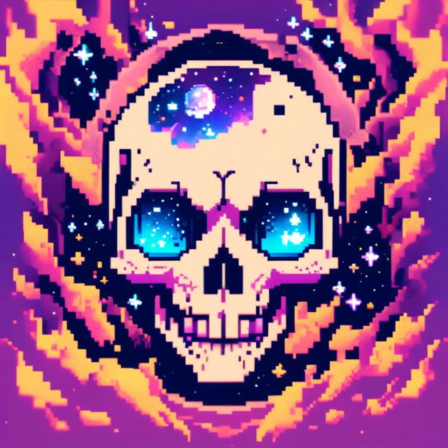 Pixel art profile picture featuring a detailed skull rendered in shades of electric blue against a cosmic background filled with pixelated galaxies and stars