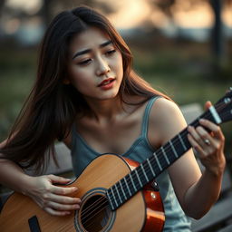 A beautiful Asian woman with dimples, wearing a casual tank top, playing an acoustic guitar while singing a sad song