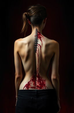 A young woman standing with her back to the viewer, showcasing a detailed view of her spine covered in scars and blood