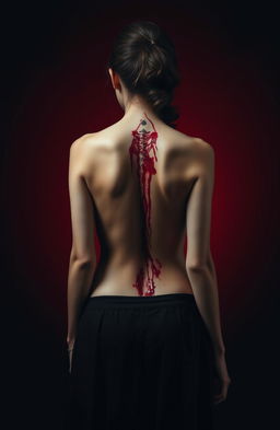 A young woman standing with her back to the viewer, showcasing a detailed view of her spine covered in scars and blood