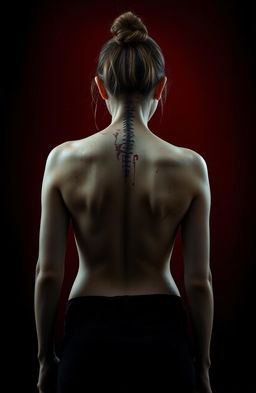A young woman standing with her back to the viewer, showcasing a detailed view of her spine covered in scars and blood