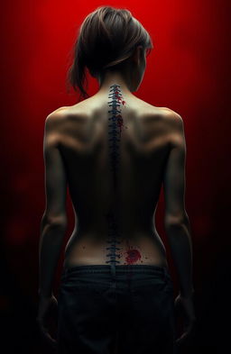 A young woman standing with her back to the viewer, showcasing a detailed view of her spine covered in scars and blood