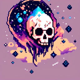 Pixel art profile picture featuring a detailed skull rendered in shades of electric blue against a cosmic background filled with pixelated galaxies and stars