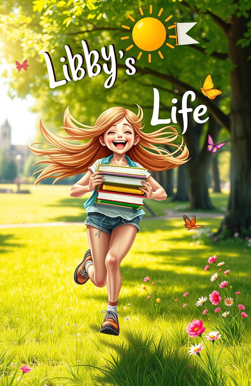 A vibrant and dynamic scene depicting a girl running joyfully with a stack of books clutched in her hands