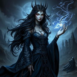 The Queen of the Abyss, named Monwena, exudes a dark, enchanting beauty