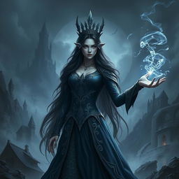The Queen of the Abyss, named Monwena, exudes a dark, enchanting beauty