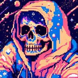 Pixel art profile picture featuring a detailed skull rendered in shades of electric blue against a cosmic background filled with pixelated galaxies and stars