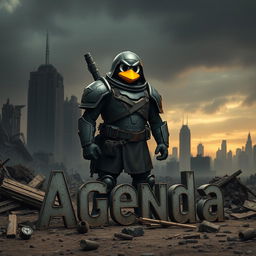 A post-apocalyptic world featuring a desolate city skyline in the background with crumbling buildings and a dark, moody atmosphere