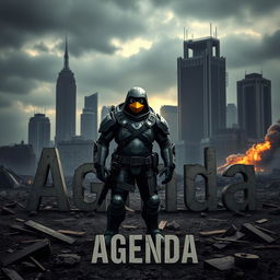 A post-apocalyptic world featuring a desolate city skyline in the background with crumbling buildings and a dark, moody atmosphere