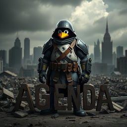 A post-apocalyptic world featuring a desolate city skyline in the background with crumbling buildings and a dark, moody atmosphere