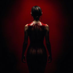 A young woman standing with her back to the viewer, her entire back covered in blood