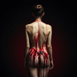 A young woman standing with her back to the viewer, her entire back covered in blood