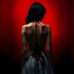 A young woman standing with her back to the viewer, her entire back covered in blood