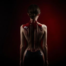 A young woman standing with her back to the viewer, her entire back covered in blood