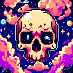 Pixel art profile picture featuring a detailed skull rendered in shades of electric blue against a cosmic background filled with pixelated galaxies and stars