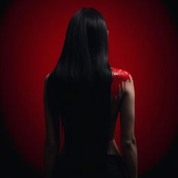 A young woman with long black hair standing with her back to the viewer, her entire back covered in blood