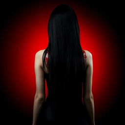 A young woman with long black hair standing with her back to the viewer, her entire back covered in blood