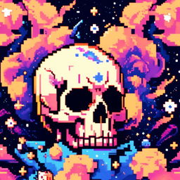 Pixel art profile picture featuring a detailed skull rendered in shades of electric blue against a cosmic background filled with pixelated galaxies and stars