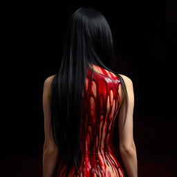 A young woman with long black hair standing with her back to the viewer, her entire back covered in blood