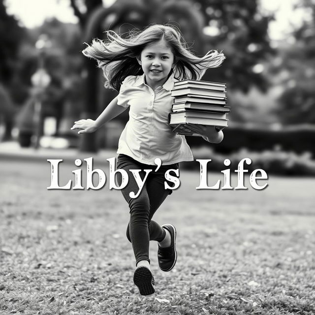 A striking black and white image of a girl running energetically with a stack of books held tightly in her hands