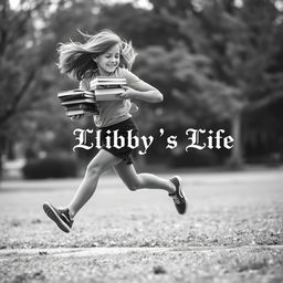 A striking black and white image of a girl running energetically with a stack of books held tightly in her hands