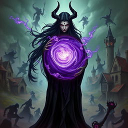The Queen of the Abyss, Monwena, stands with a commanding presence, holding a swirling orb of deep purple water that radiates dark magic, infused with shadowy souls and dark energy