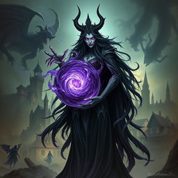 The Queen of the Abyss, Monwena, stands with a commanding presence, holding a swirling orb of deep purple water that radiates dark magic, infused with shadowy souls and dark energy
