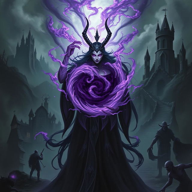 The Queen of the Abyss, Monwena, stands with a commanding presence, holding a swirling orb of deep purple water that radiates dark magic, infused with shadowy souls and dark energy