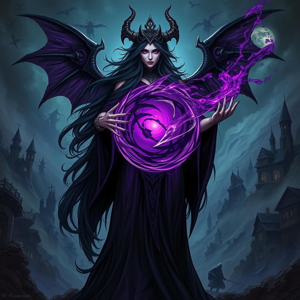 The Queen of the Abyss, Monwena, stands with a commanding presence, holding a swirling orb of deep purple water that radiates dark magic, infused with shadowy souls and dark energy